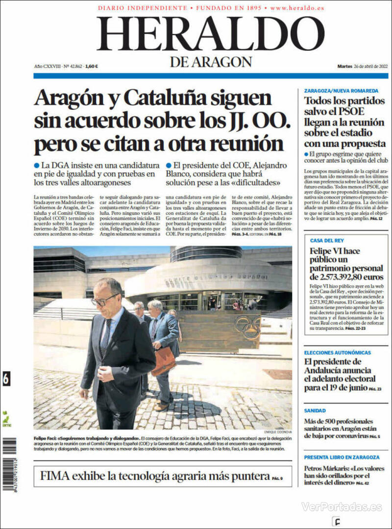 Portada Heraldo de Aragón 2022-04-27