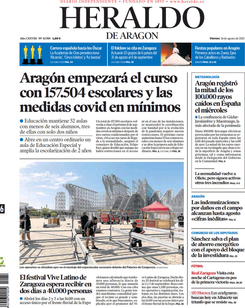 Portada Heraldo de Aragón 2022-08-27