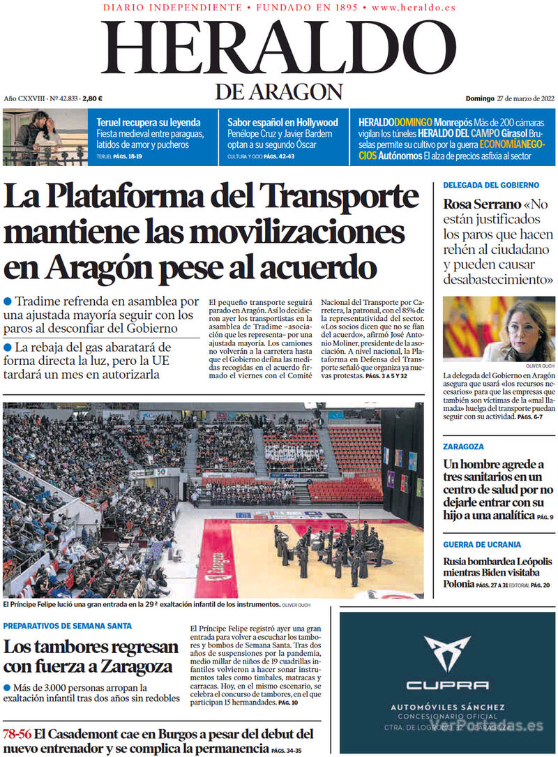 Portada Heraldo de Aragón 2022-03-28