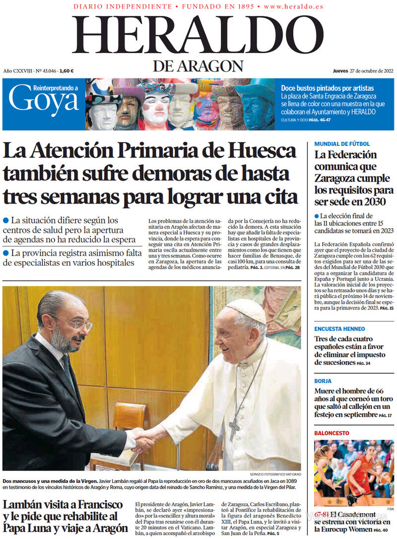 Portada Heraldo de Aragón 2022-10-28