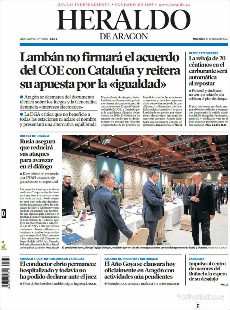 Portada Heraldo de Aragón 2022-03-31