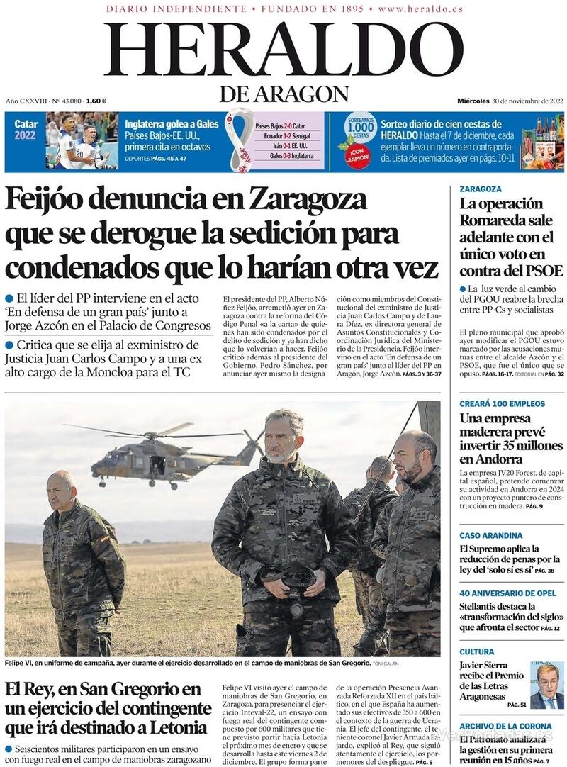 Portada Heraldo de Aragón 2022-12-01