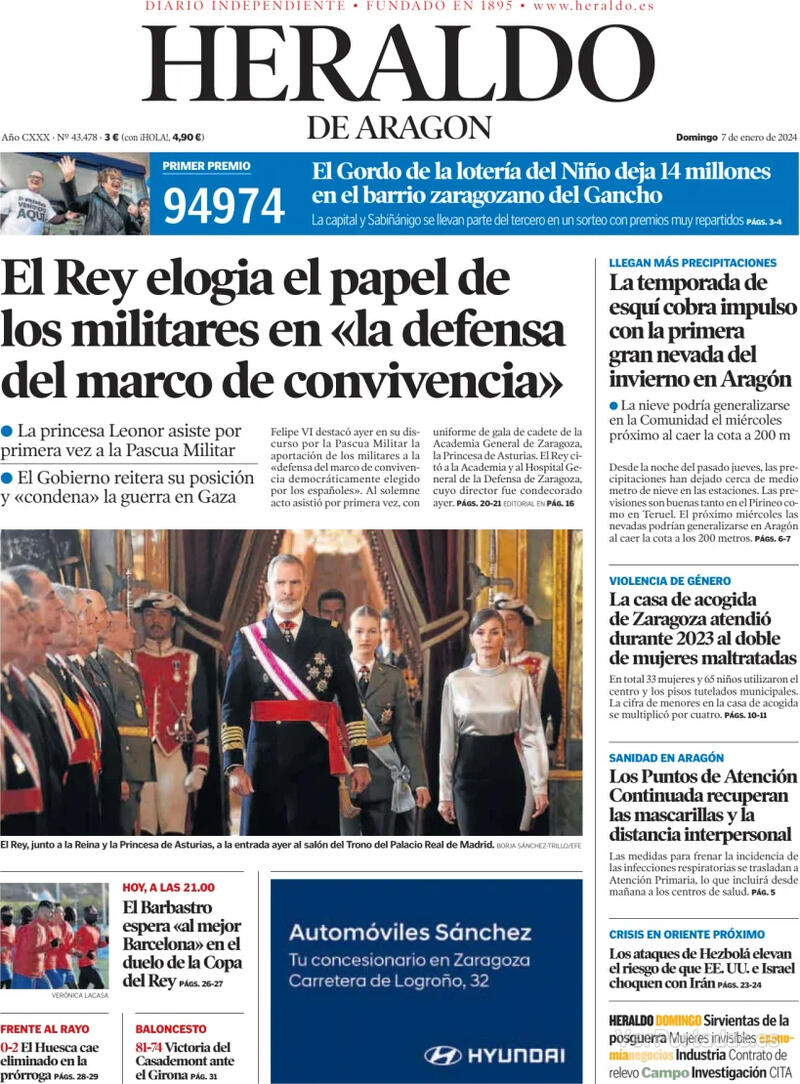 Portada Heraldo De Aragón Domingo 7 De Enero De 2024 0217