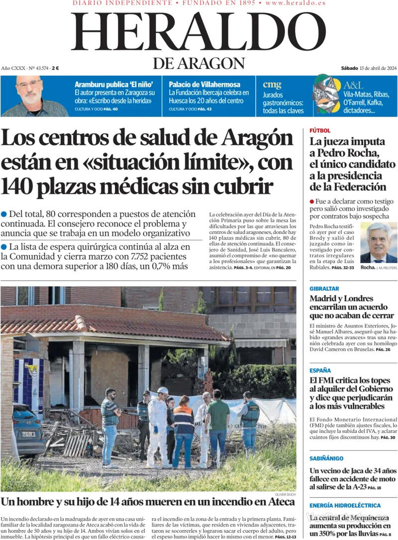Portada Heraldo de Aragón 2024-04-14