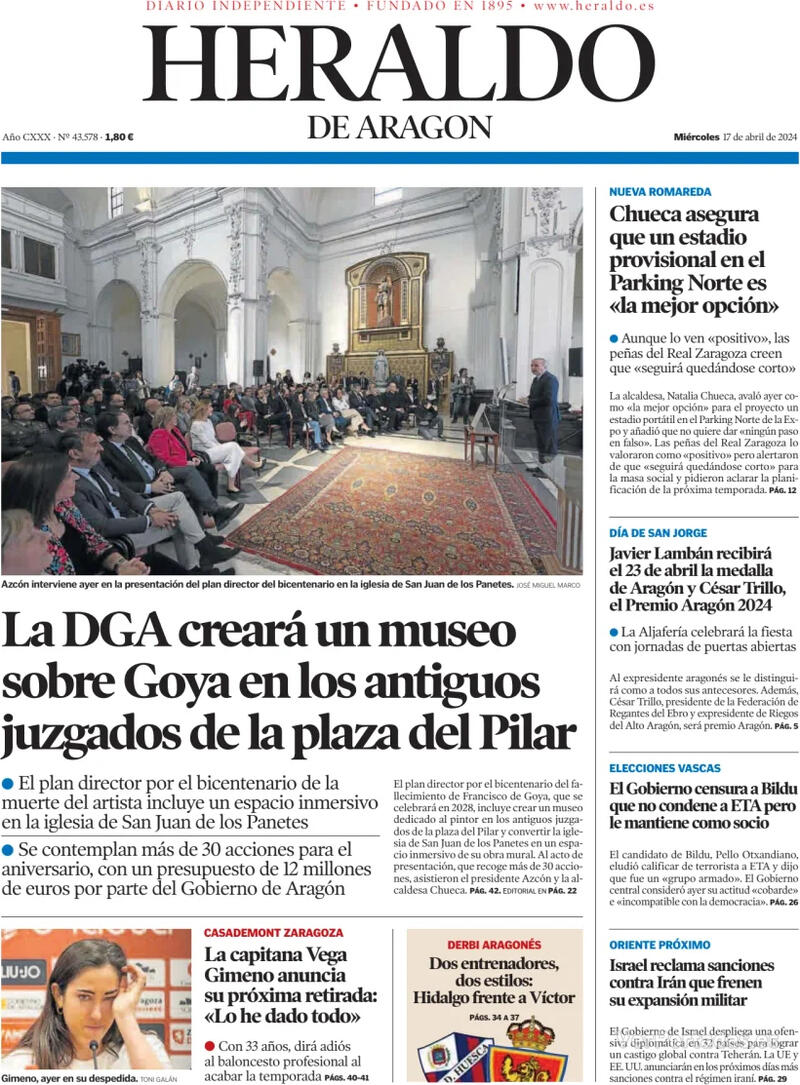 Portada Heraldo de Aragón 2024-04-18