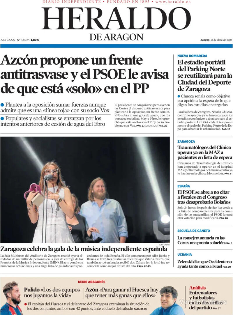 Portada Heraldo de Aragón 2024-04-19