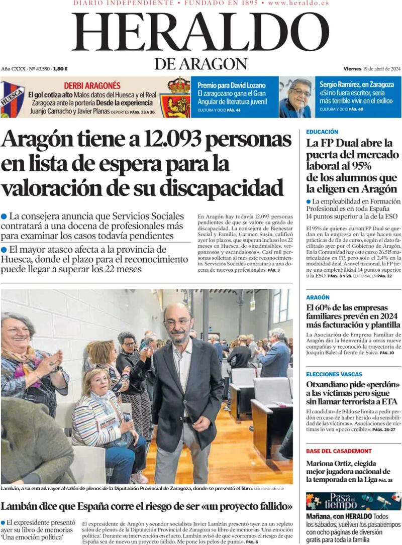 Portada Heraldo de Aragón 2024-04-20