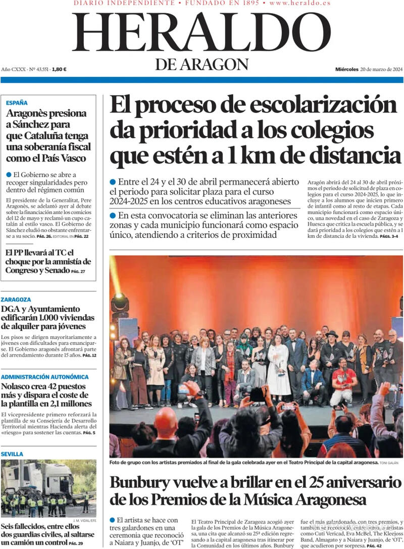 Portada Heraldo de Aragón 2024-03-21