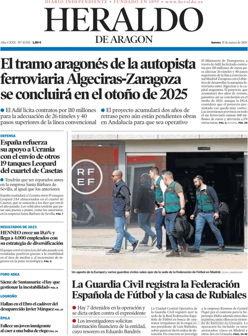 Portada Heraldo de Aragón 2024-03-22