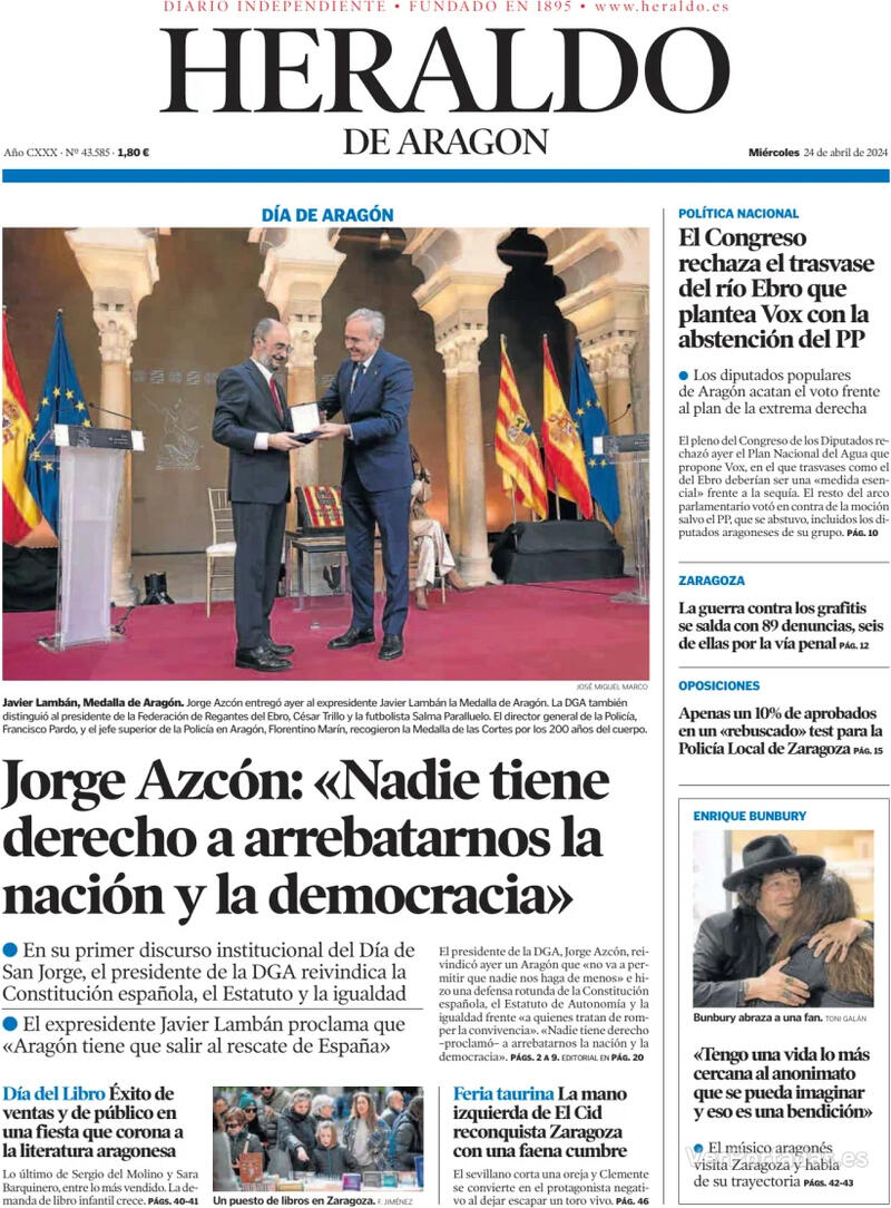 Portada Heraldo de Aragón 2024-04-25