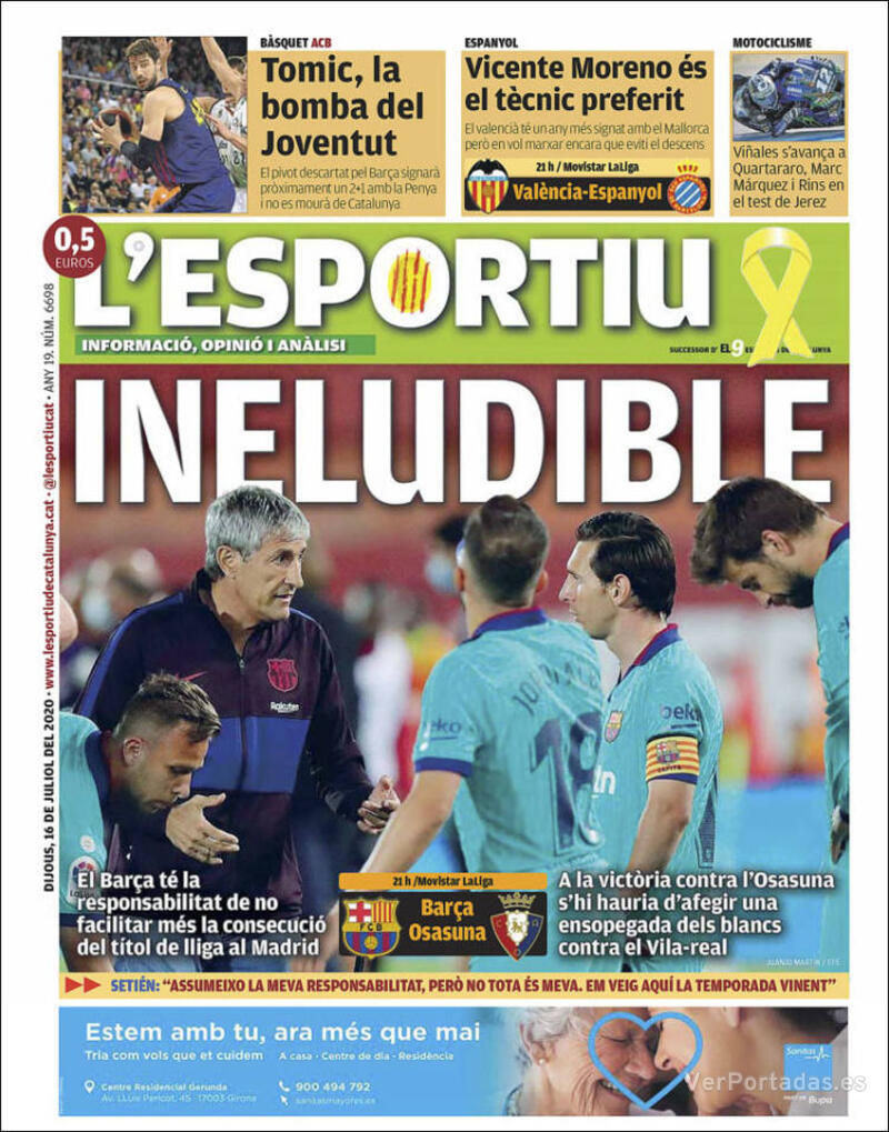 Portada L'Esportiu 2020-07-17