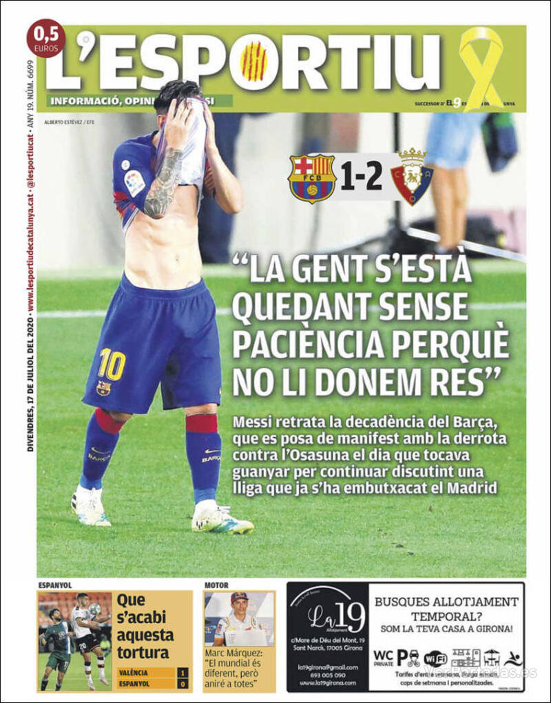 Portada L'Esportiu 2020-07-18