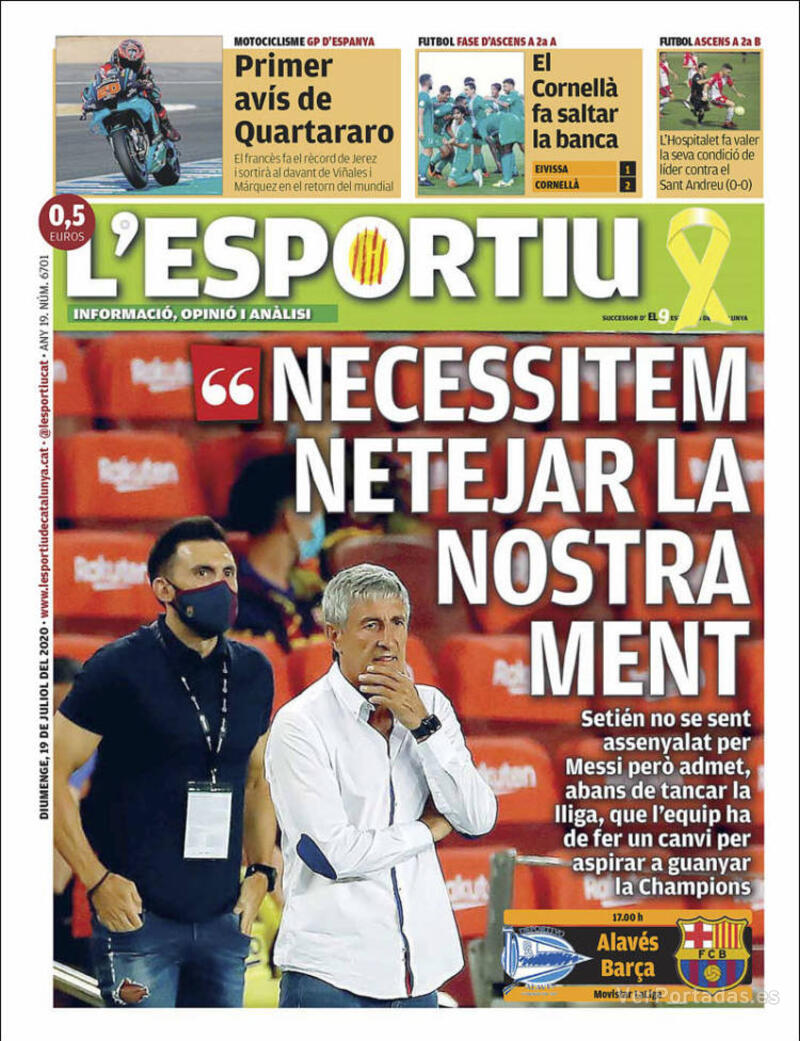 Portada L'Esportiu 2020-07-20