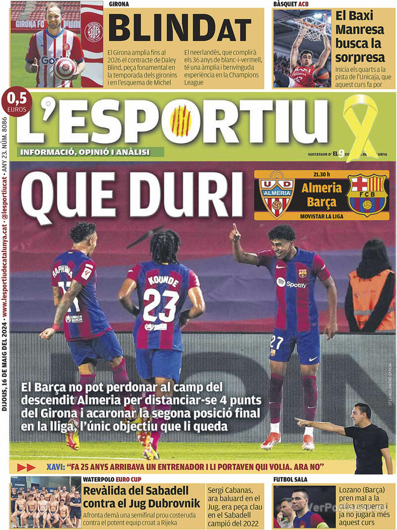 PORTADAS PRENSA DEPORTIVA  JUEVES 16 DE MAYO Portada-periodico-l-esportiu-16-05-2024-c5617a4b