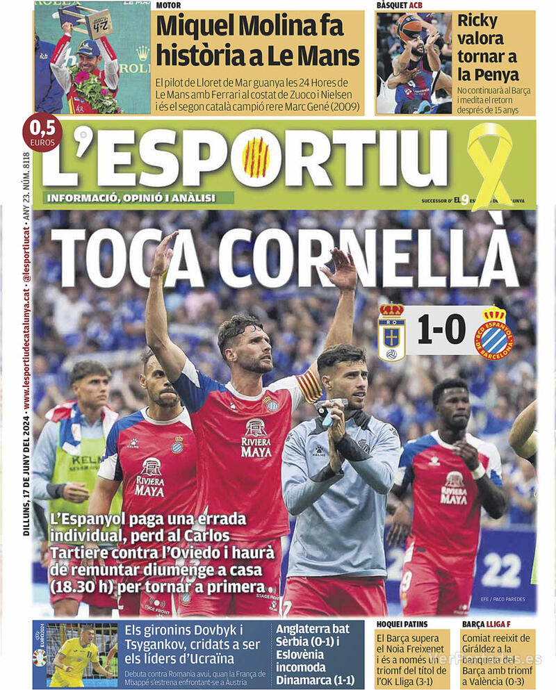 PORTADAS PRENSA DEPORTIVA LUNES 17 DE JUNIO Portada-periodico-l-esportiu-17-06-2024-ff39e451