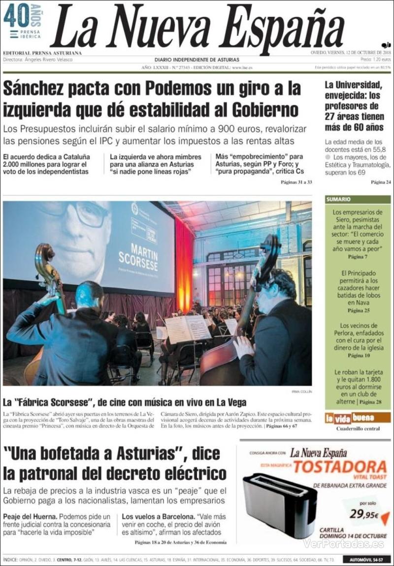 Portada La Nueva España 2018-10-13