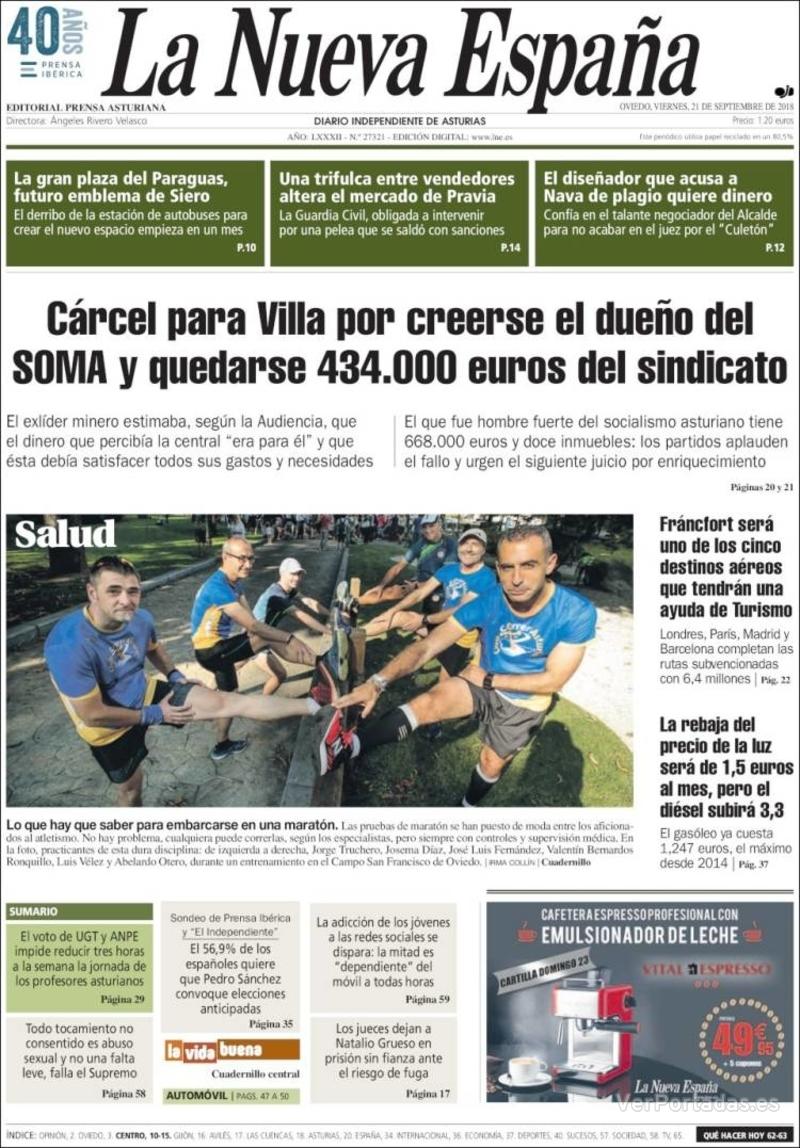 Portada La Nueva España 2018-09-22