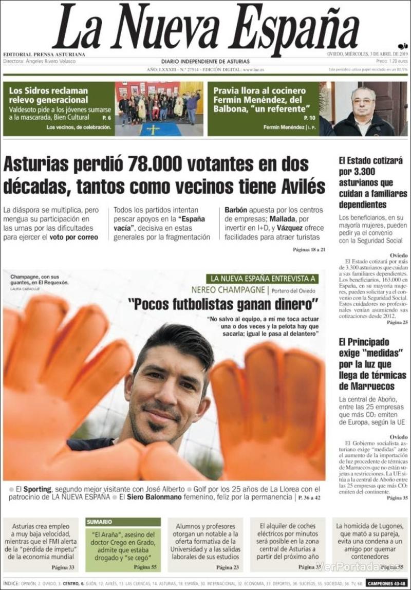 Portada La Nueva España 2019-04-04