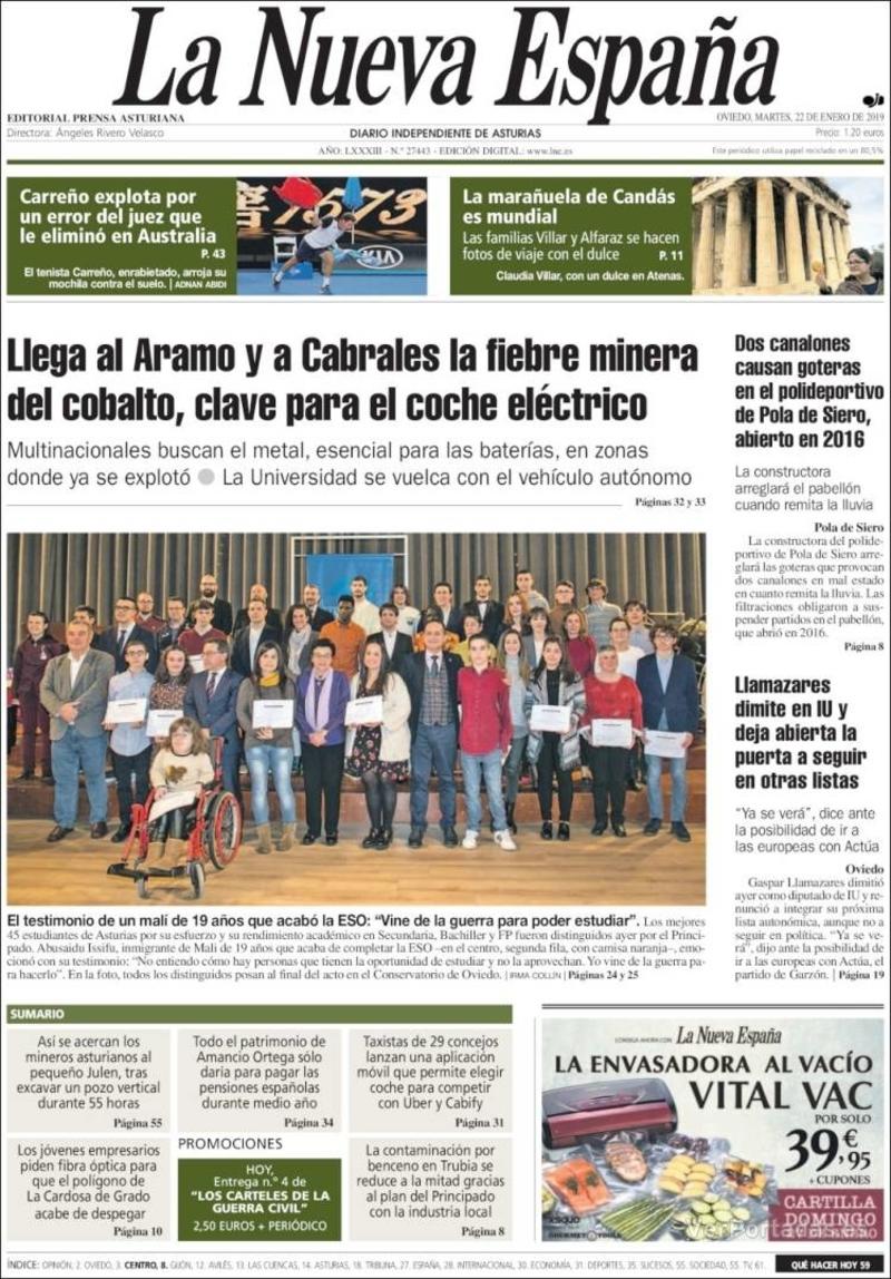 Portada La Nueva España 2019-01-23