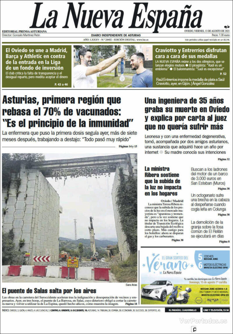 Portada La Nueva España 2021-08-14