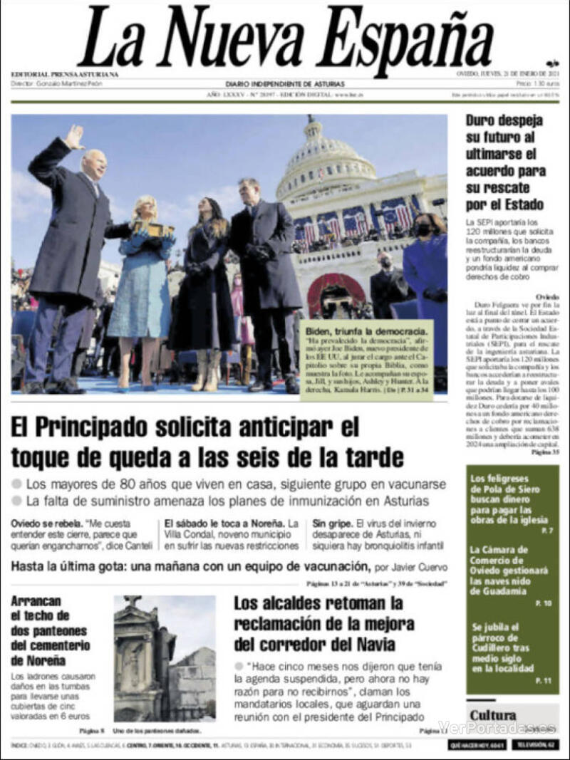 Portada La Nueva España 2021-01-22