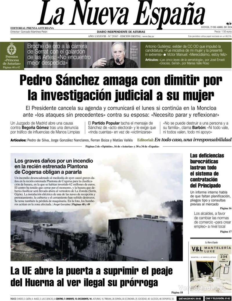 Portada La Nueva España 2024-04-26