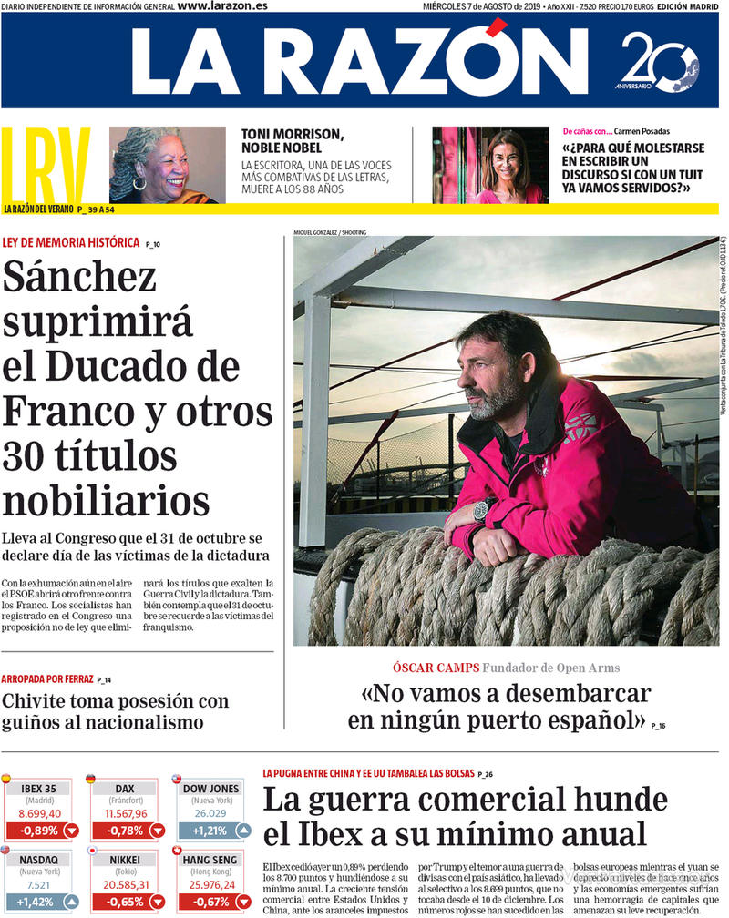 Portada La Razón 2019-08-08