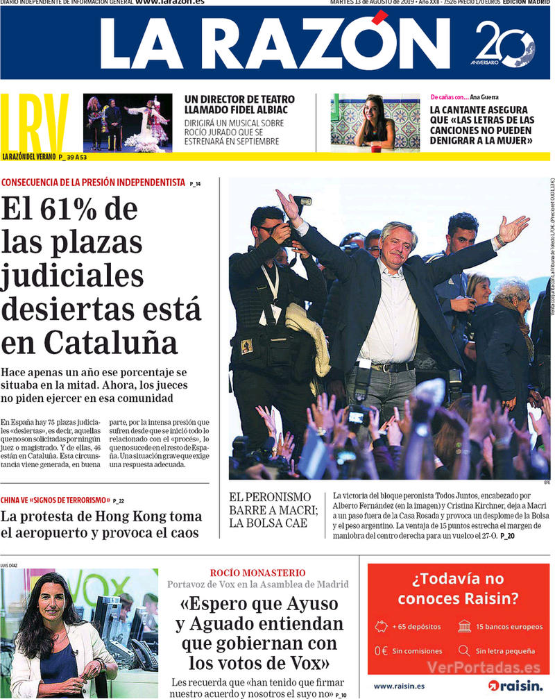 Portada La Razón 2019-08-14