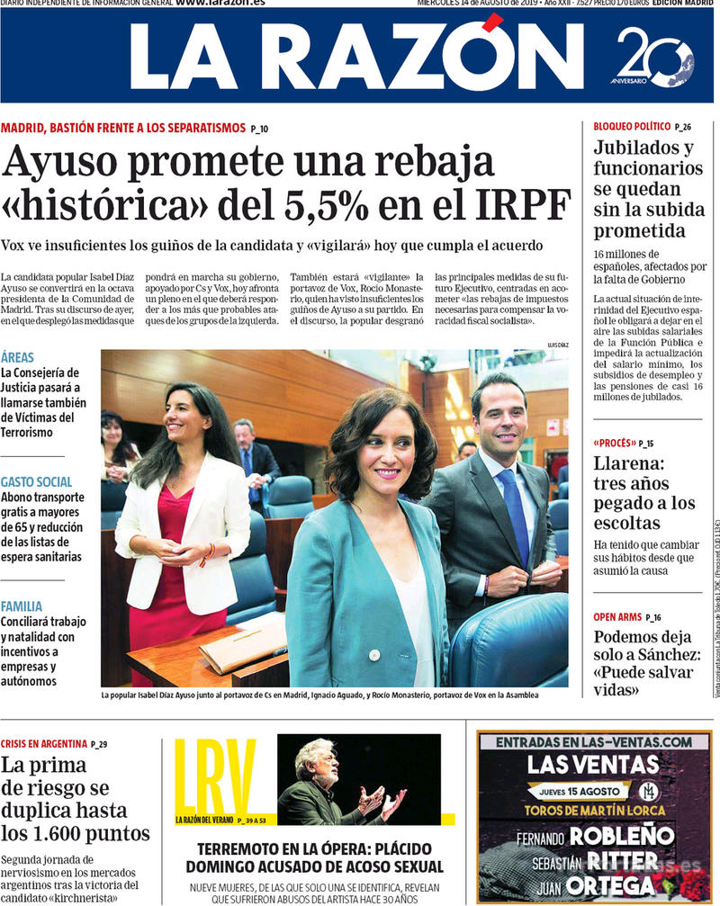 Portada La Razón 2019-08-15