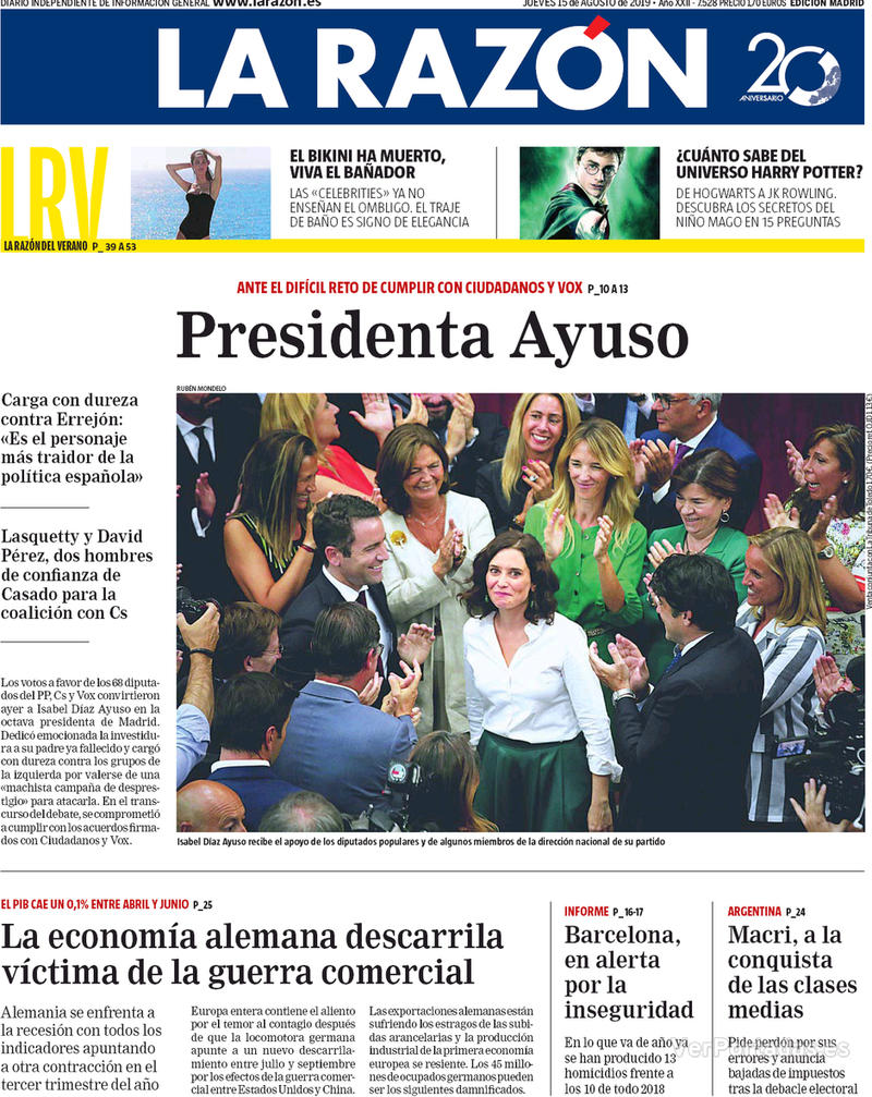 Portada La Razón 2019-08-16