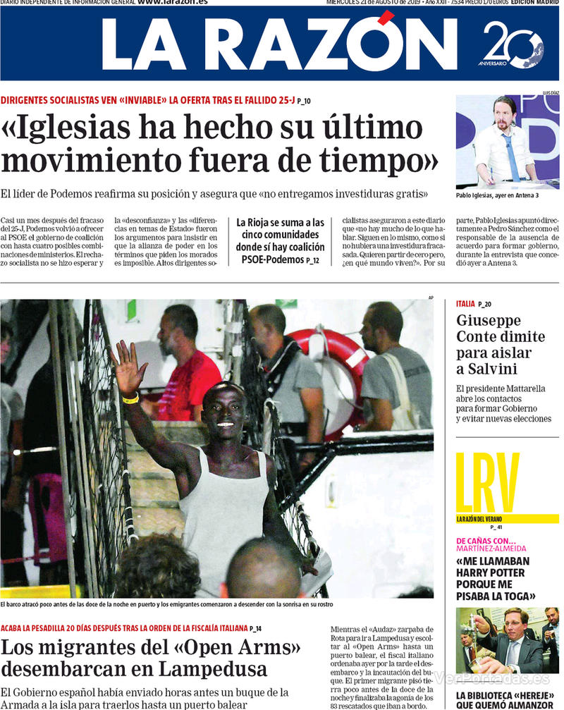 Portada La Razón 2019-08-22