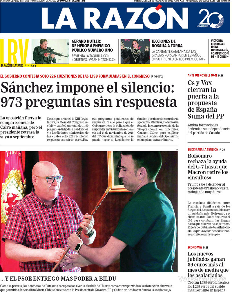 Portada La Razón 2019-08-29