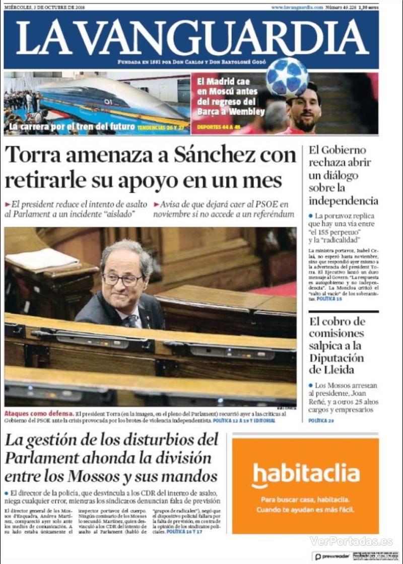 Portada La Vanguardia 2018-10-04