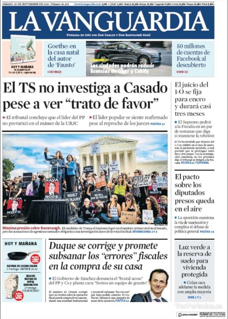 Portada La Vanguardia 2018-09-30