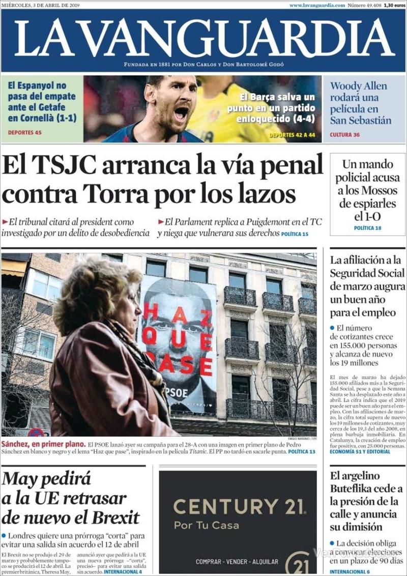 Portada La Vanguardia 2019-04-04