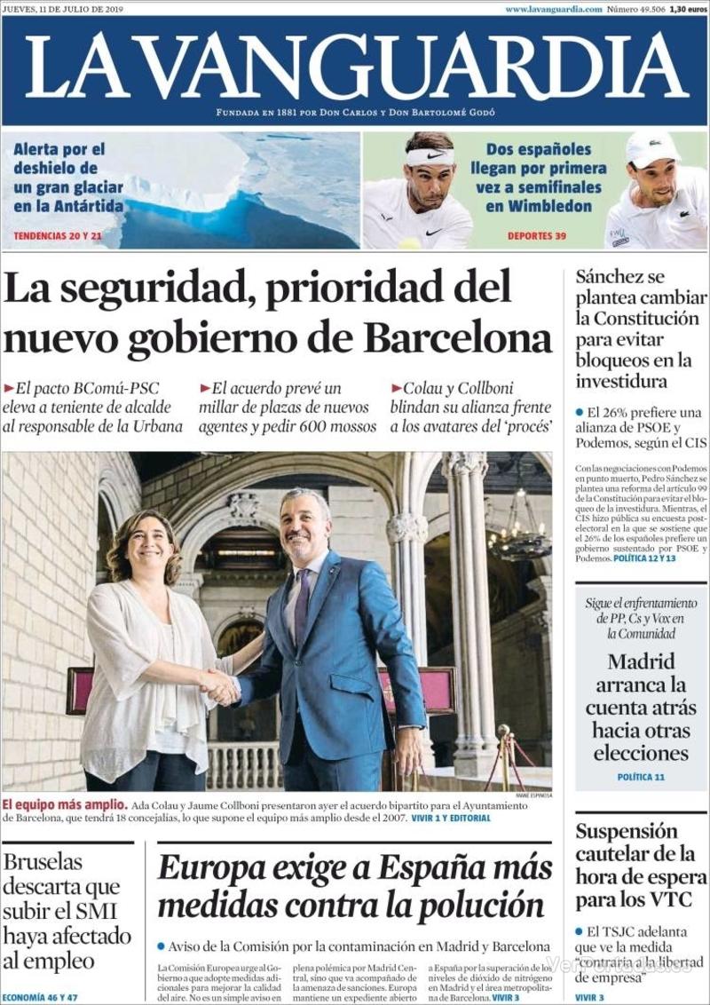 Portada La Vanguardia 2019-07-12