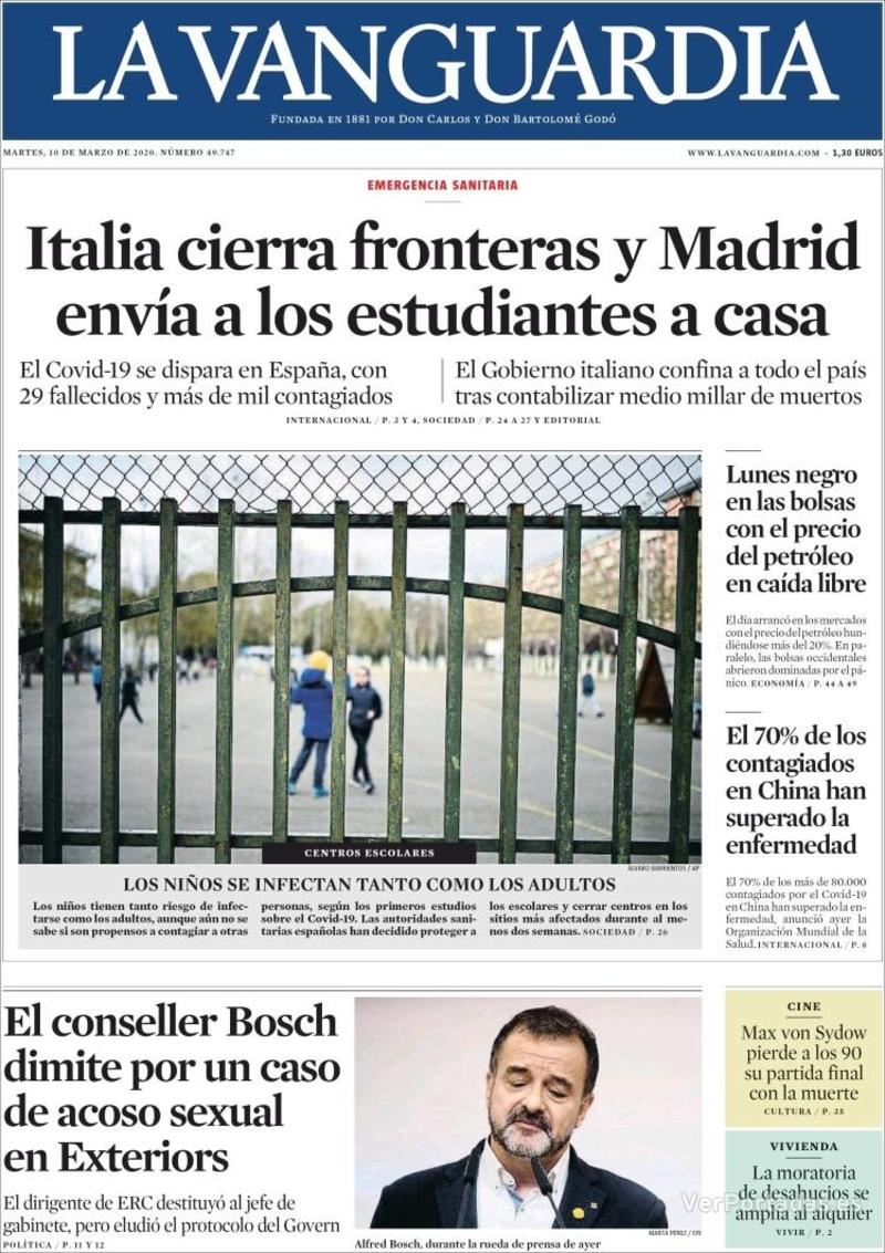 Portada La Vanguardia 2020-03-11