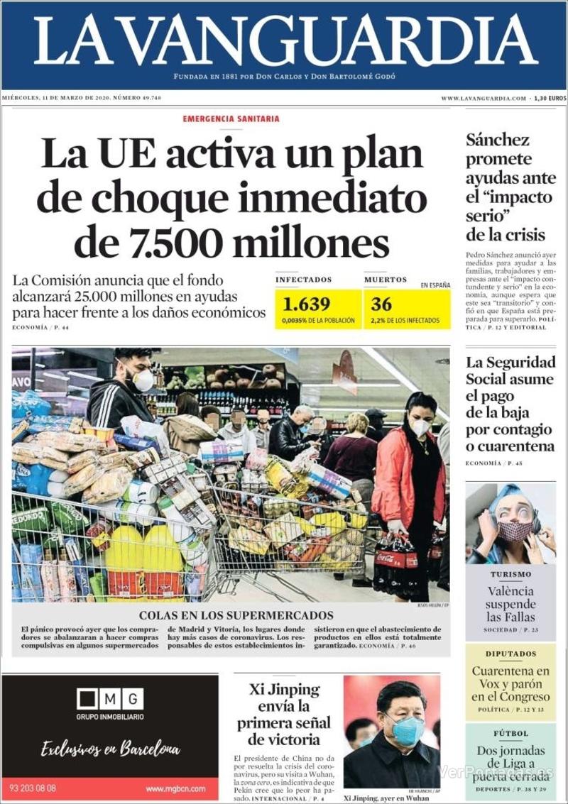 Portada La Vanguardia 2020-03-12