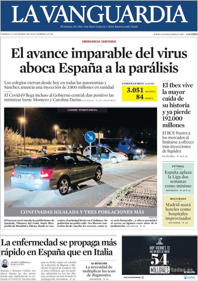 Portada La Vanguardia 2020-03-14