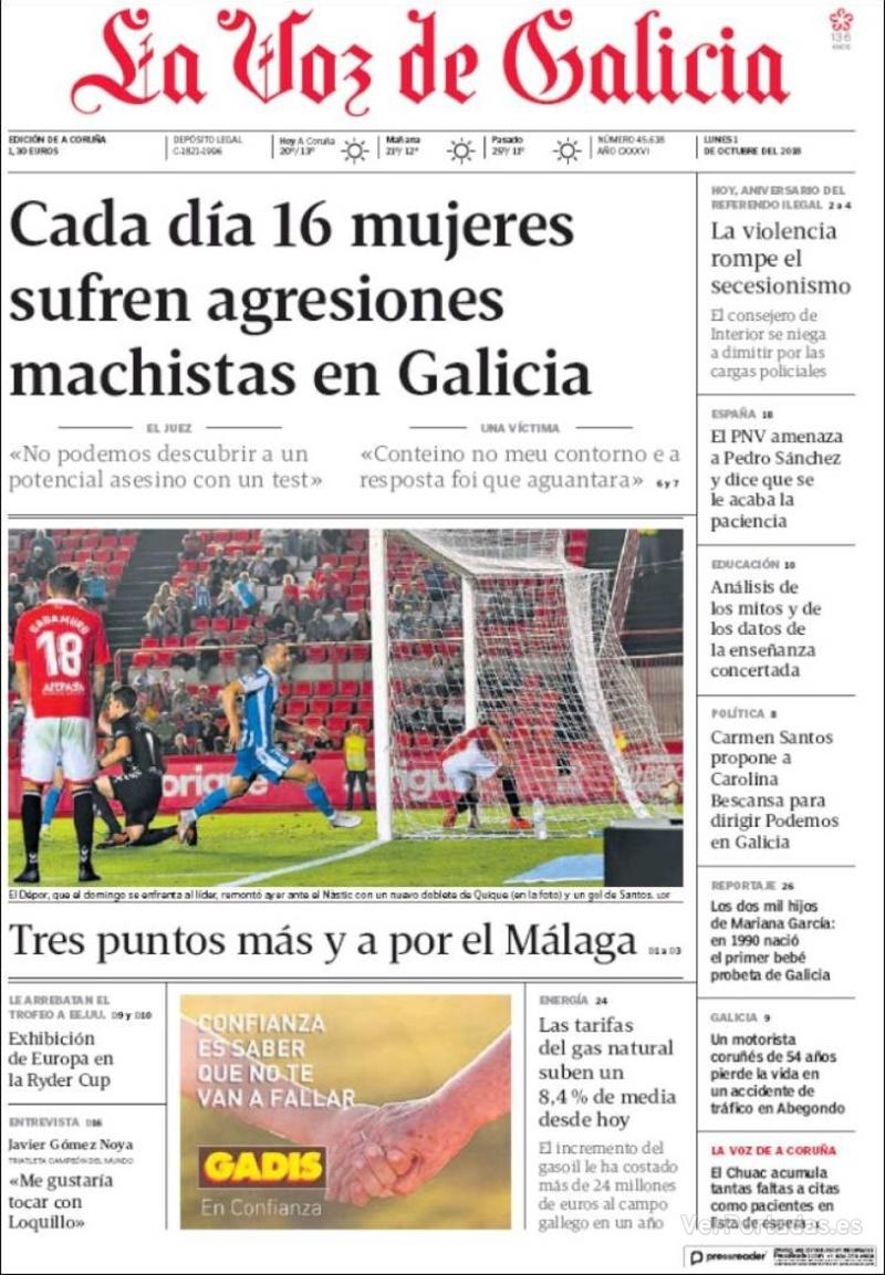 Portada La Voz de Galicia 2018-10-02