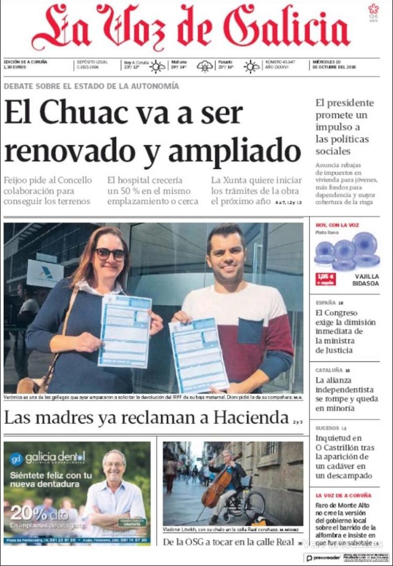 Portada La Voz de Galicia 2018-10-11