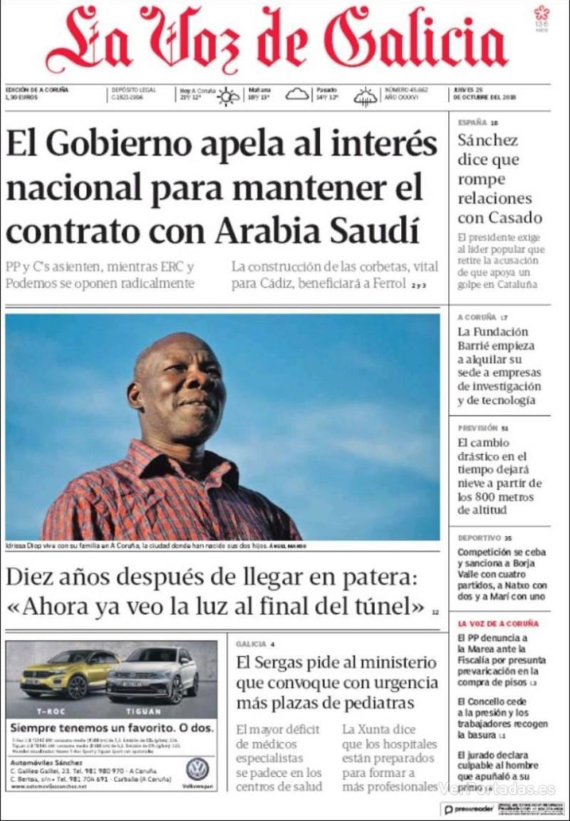 Portada La Voz de Galicia 2018-10-26