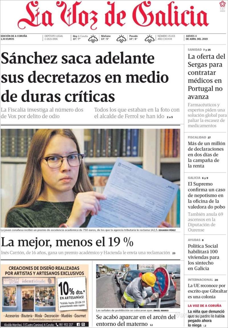 Portada La Voz de Galicia 2019-04-05