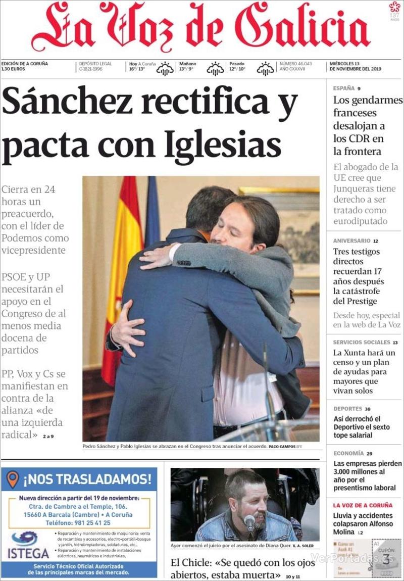 Portada La Voz de Galicia 2019-11-14