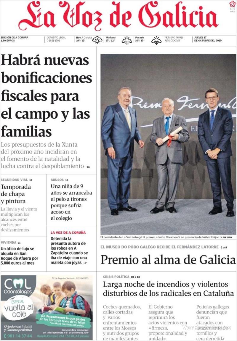 Portada - La Voz de Galicia - Jueves,17 de Octubre de 2019