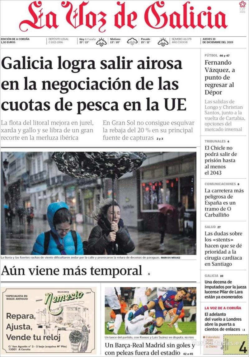 Portada La Voz de Galicia 2019-12-20