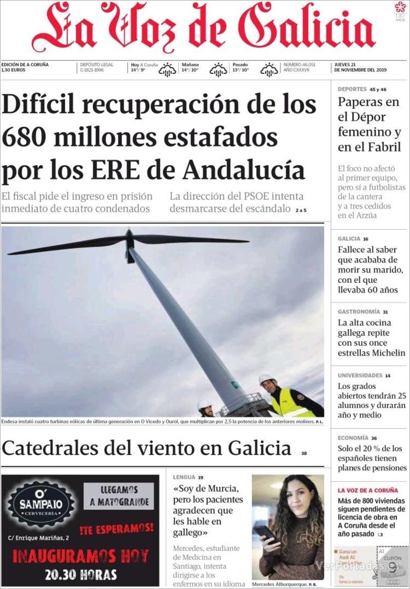 Portada La Voz de Galicia 2019-11-22