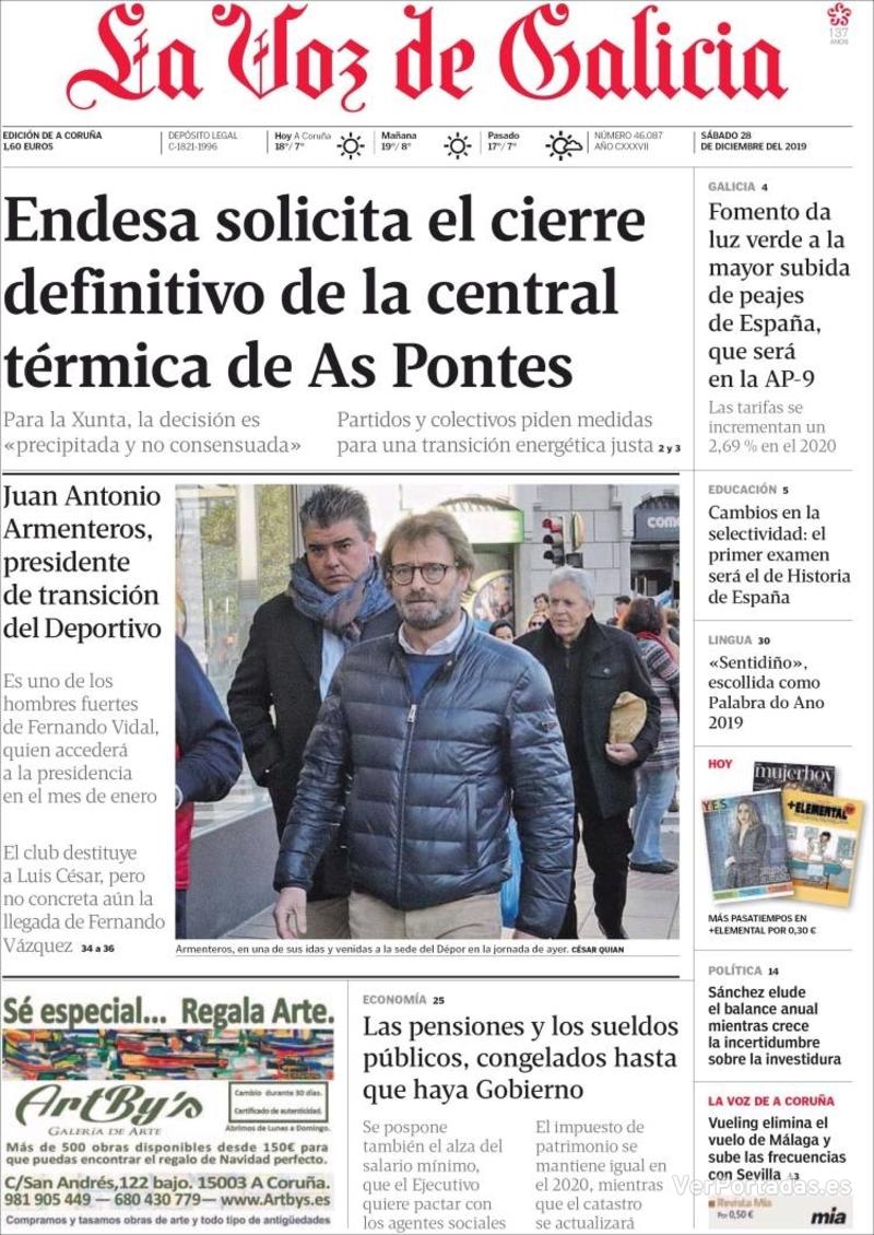 Portada La Voz de Galicia 2019-12-29