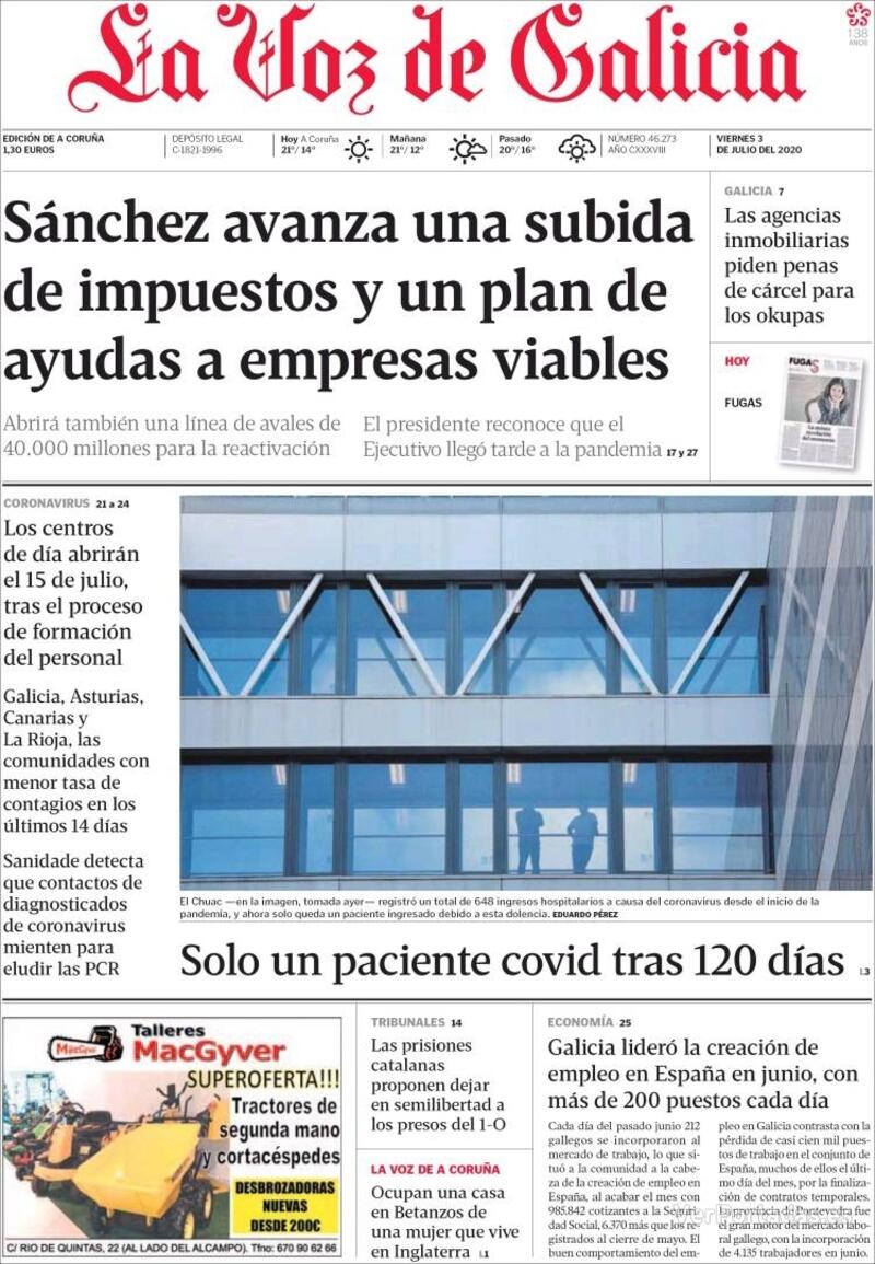 Portada La Voz de Galicia 2020-07-04