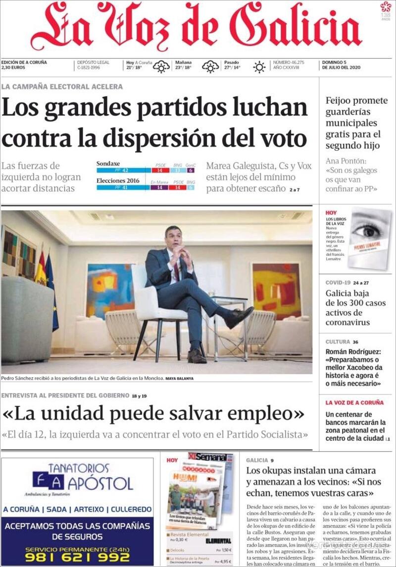 Portada La Voz de Galicia 2020-07-06